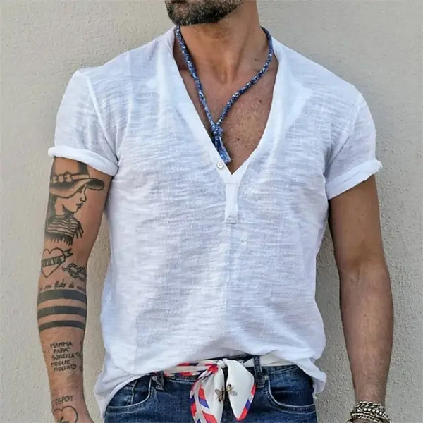 Men's Henley Casual T-shirt Short Sleeve Summer Top - Mobilittle.com 