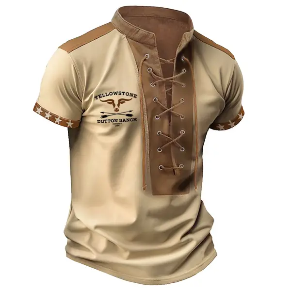 Men's T-Shirt Vintage Western Yellowstone Lace-Up Stand Collar Short Sleeve Color Block Summer Daily Tops Khaki - Cotosen.com 