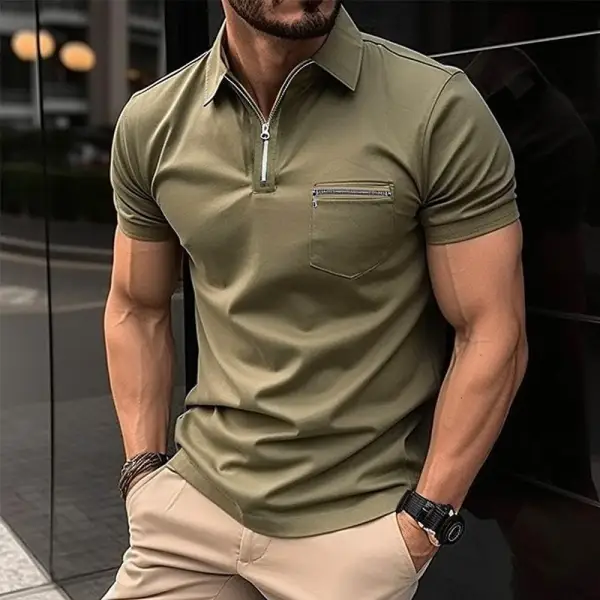 Men's Outdoor Casual Zipper Pocket Zipper Lapel T-Shirt - Fineyoyo.com 