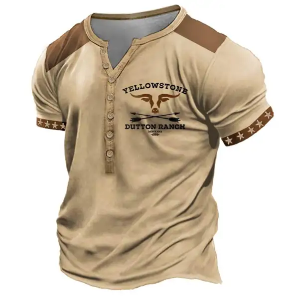 Men's T-Shirt Henley Vintage Western Yellowstone Stars Colorblock Plus Size Summer Daily Tops Khaki - Anurvogel.com 