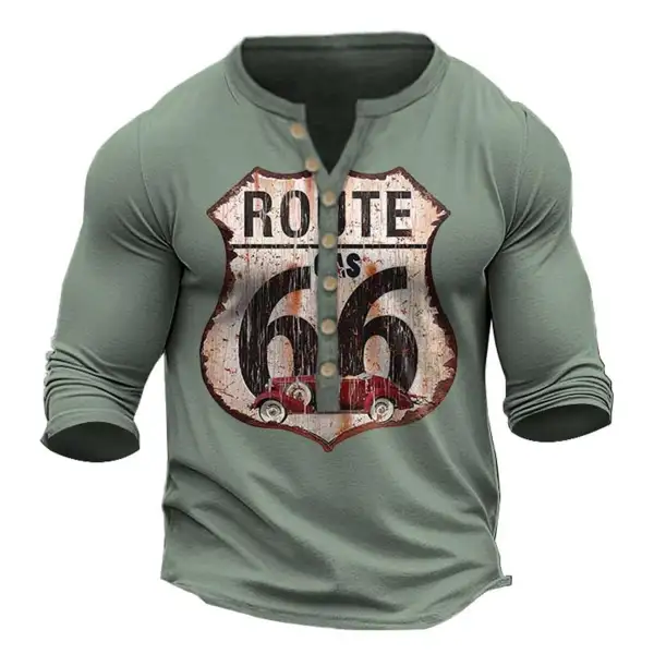 Men's T-Shirt Henley Long Sleeve Vintage Route 66 Daily Tops Green - Kalesafe.com 