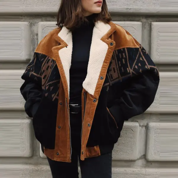 Women Retro Graphic Suede Fleece Jacket Coat - Elementnice.com 