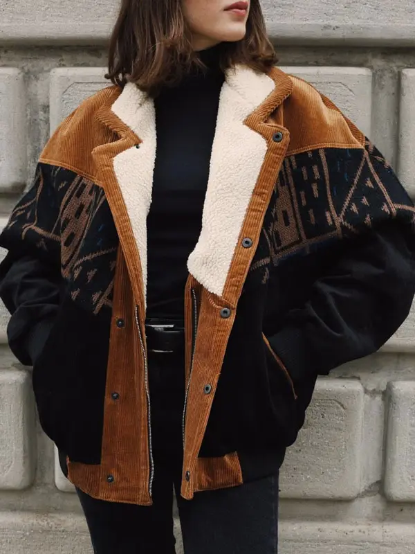 Women Retro Graphic Suede Fleece Jacket Coat - Pragmaace.com 