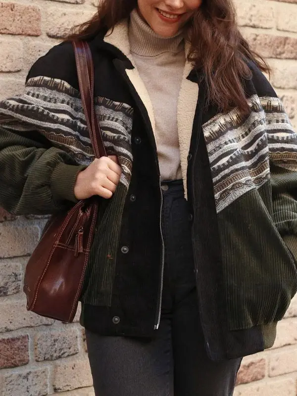 Women Retro Corduroy Patchwork Fleece Jacket Coat - Pragmaace.com 