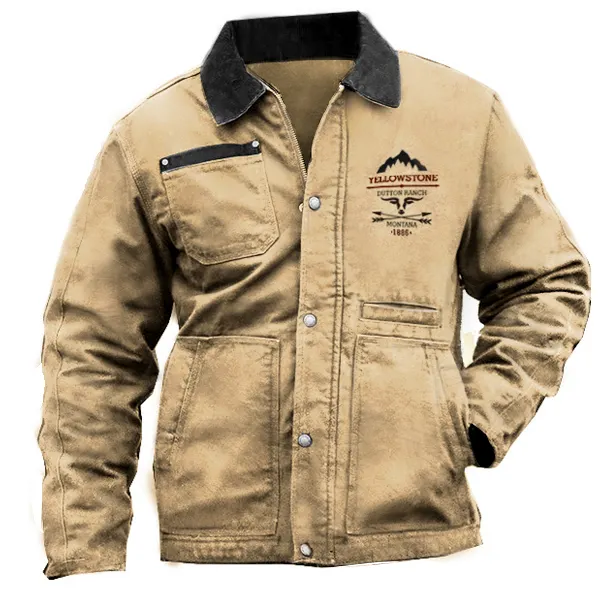 Men's Single Layer Thin Jacket Outdoor Vintage Yellowstone Multi-Pocket Tactical Cargo Jacket Colorblock Shirt - Dozenlive.com 