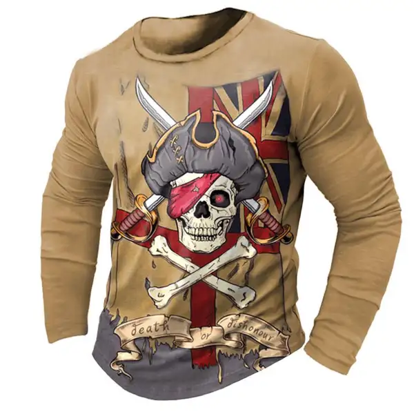 Men's T-Shirt Long Sleeve Vintage Pirate Skull Outdoor Daily Tops Khaki - Kalesafe.com 