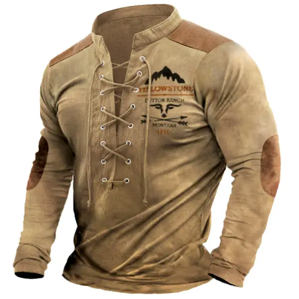 Men's Long Sleeve T-Shirt Retro Yellowstone Print Colorblock Lace Up Collar Casual Pullover - Elementnice.com 
