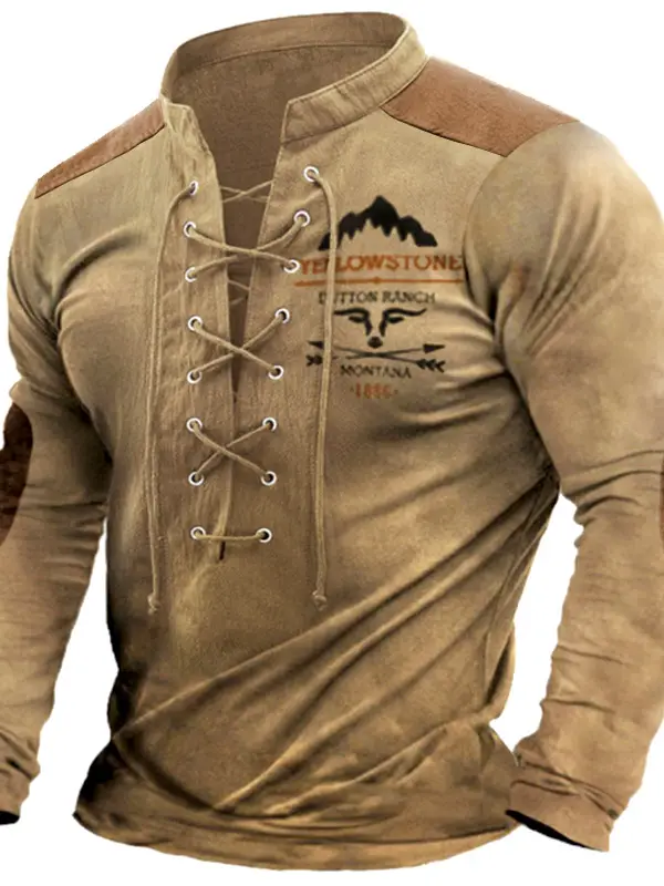 Men's Long Sleeve T-Shirt Retro Yellowstone Print Colorblock Lace Up Collar Casual Pullover - Menwyx.com 