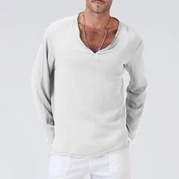 Men's Solid Color V-neck Casual Long-sleeved Cotton And Linen T-shirt - Keymimi.com 