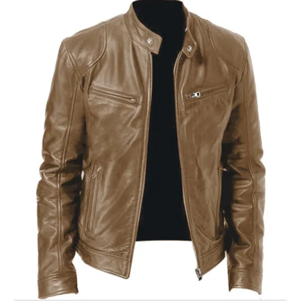 Plus Size Men's Vintage PU Leather Stand Collar Jacket Solid Multi-Pocket Zipper Jacket Only $49.99 - Cotosen.com 
