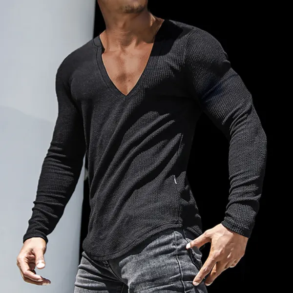 Men's Slim Fit Long Sleeve T-Shirts Everyday Basics V-neck Sexy T-Shirts Fitness Sports Running Tops Versatile Tee - Elementnice.com 