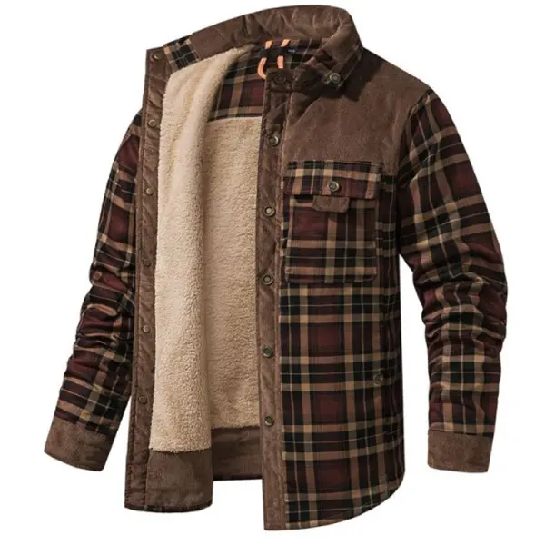 Men's Lumberjack Corduroy Sherpa Flannel Thickened Warm Jacket Pocket Casual Coat Autumn And Winter Khaki Army Green Gray - Rabclub.com 
