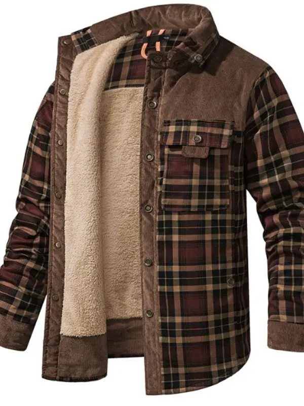Men's Lumberjack Corduroy Sherpa Flannel Thickened Warm Jacket Pocket Casual Coat Autumn And Winter Khaki Army Green Gray - Pragmaace.com 