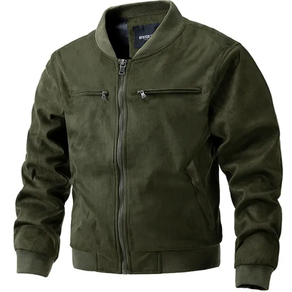Men's Vintage Suede Stand Collar Jacket Double Zip Pocket Jacket - Kalesafe.com 