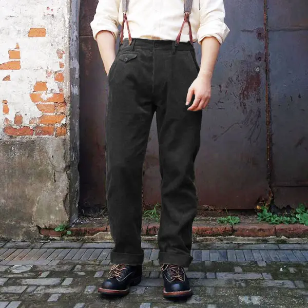 Men's Suspenders 1920s 12oz Corduroy Farmer Work Trousers Pants Black - Villagenice.com 