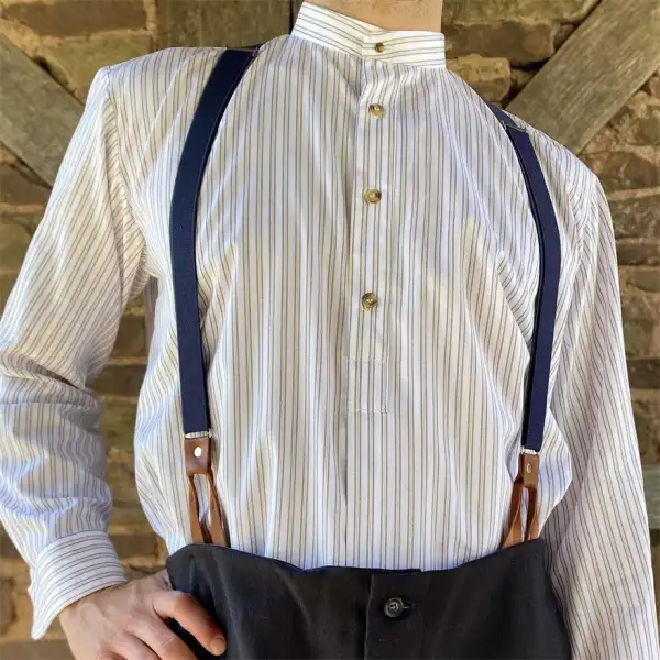 Men's Collarless Shirt Vintage Stripe Long Sleeve Daily Tops White - Elementnice.com 
