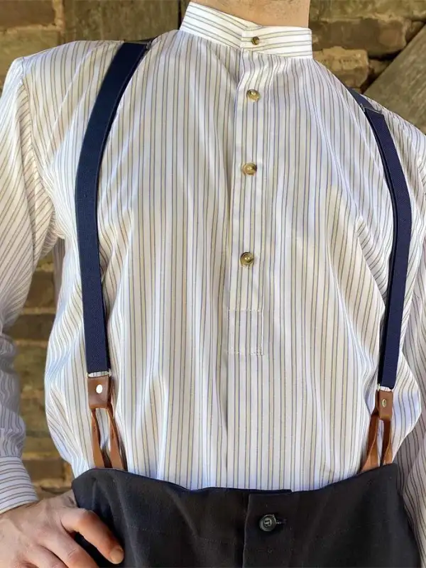 Men's Collarless Shirt Vintage Stripe Long Sleeve Daily Tops White - Wantbright.com 
