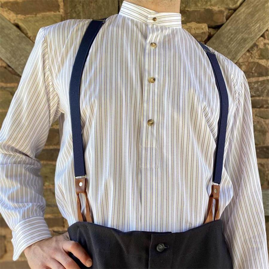 

Men's Collarless Shirt Vintage Stripe Long Sleeve Daily Tops White