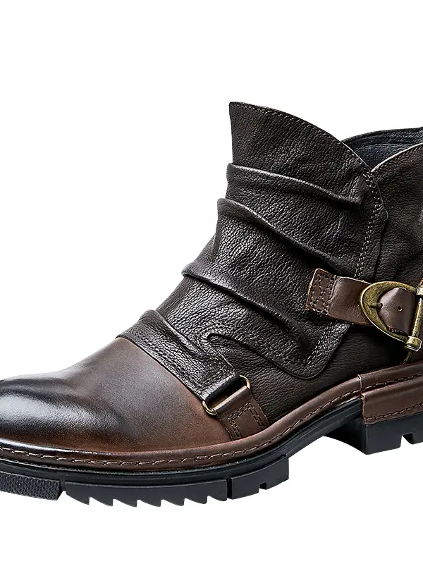 Men's Martin Boots Vintage Folds Buckle Belt Pleated Brown Boots 