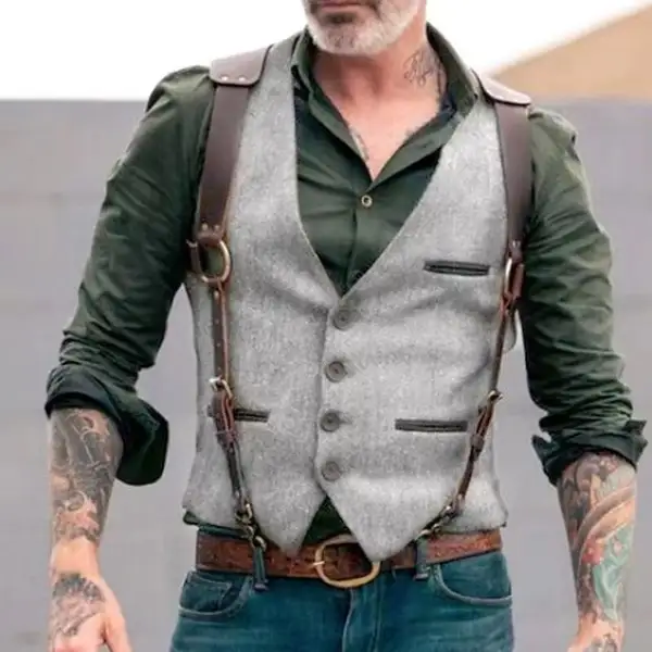 Men's Vest Waistcoat Outdoor Cowboy Vintage Casual Polyester Solid Colored Single Breasted One-button V Neck Slim Jackt - Keymimi.com 