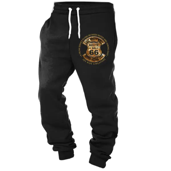 Men's Outdoor Vintage Route 66 Print Elastic Waist Casual Pants - Upgradecool.com 