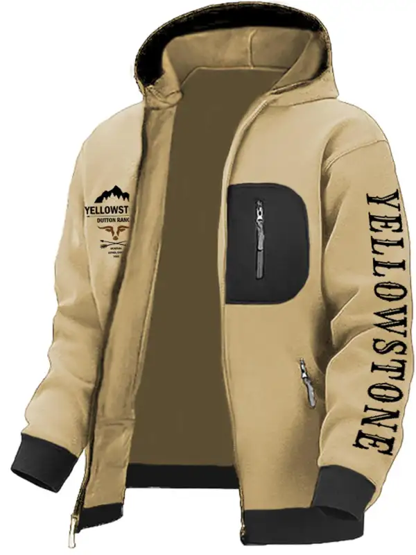 Men's Zipper Hoodie Jacket Retro Yellowstone Print Colorblock Outdoor Casual Daily Coat - Menwyx.com 