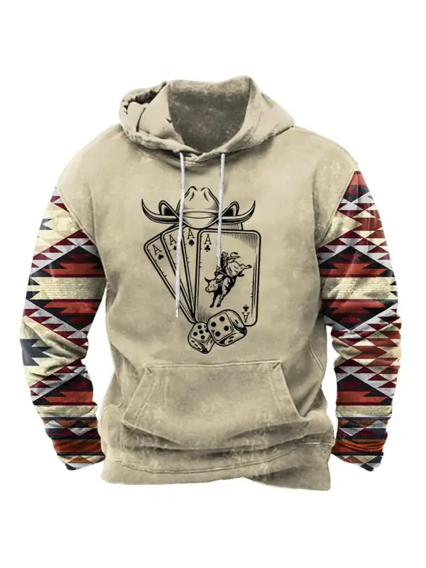 Men's Hoodie Vintage Aztec Western Playing Cards Hat Bull Horns Pocket Long Sleeve Plus Size Daily Tops - Timetomy.com 