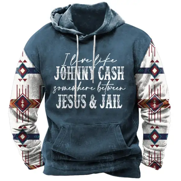 Men's Hoodie Vintage Ethnic Aztec Johnny Cash Jesus Jail Pocket Long Sleeve Plus Size Daily Tops - Spiretime.com 