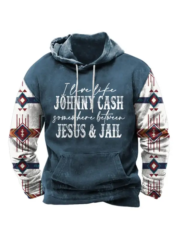 Men's Hoodie Vintage Ethnic Aztec Johnny Cash Jesus Jail Pocket Long Sleeve Plus Size Daily Tops - Timetomy.com 