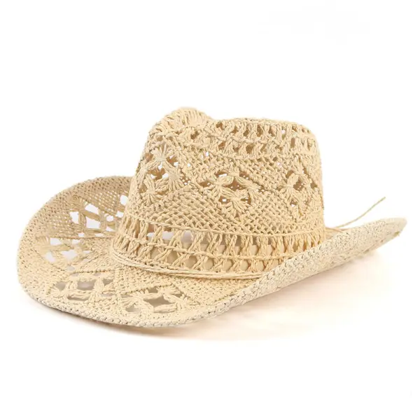 Western Cowboy Hat Sun Protection Visor Hat Retro Hollow Straw Hat - Keymimi.com 