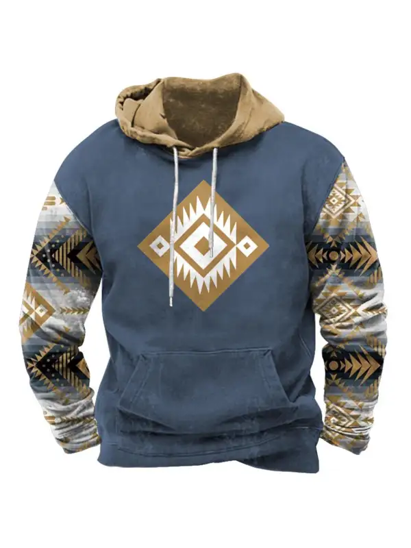 Men's Hoodie Vintage Ethnic Aztec Pocket Long Sleeve Plus Size Colorblock Daily Tops Slate Blue - Valiantlive.com 