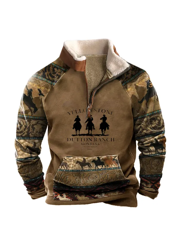 Men's Vintage Western Yellowstone Zipper Stand Collar Sweatshirt - Anrider.com 