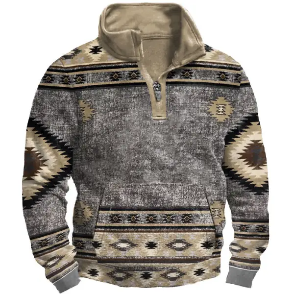 Men's 1/4 Zip Sweatshirt Vintage Stripe Ethnic Print Pocket - Yesunshine.com 