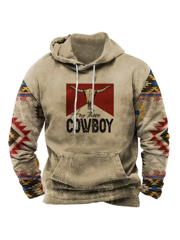 Men's Hoodie Vintage Western Cowboy Ethnic Print Pocket - Timetomy.com 