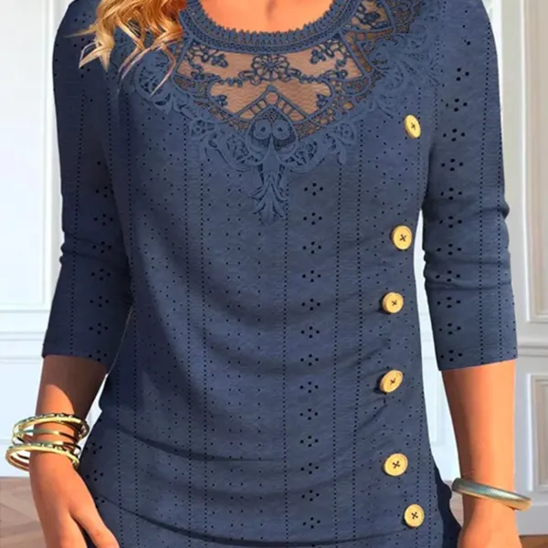 Women's Lace Stitching Mesh Knitted Long-sleeved Top - Cotosen.com 