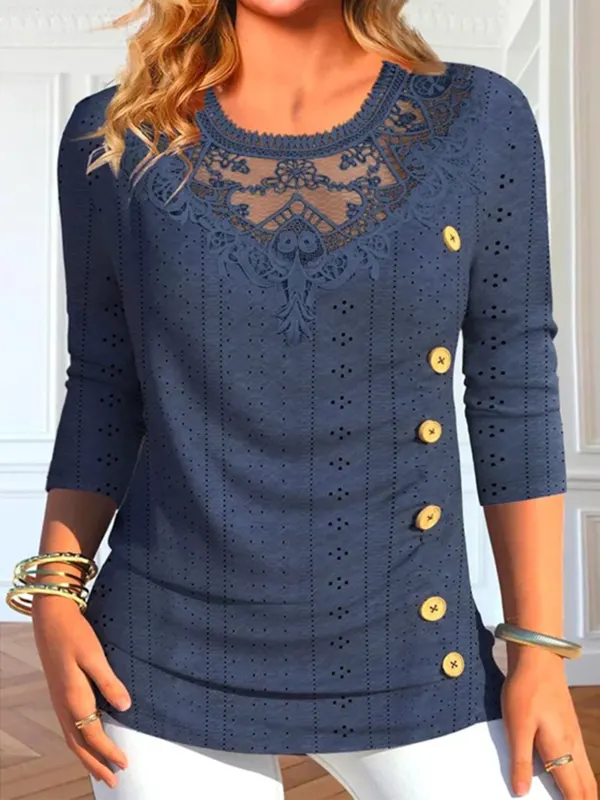 Women's Lace Stitching Mesh Knitted Long-sleeved Top - Simplyion.com 