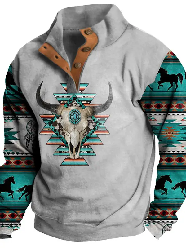 Men's Sweatshirt Vintage Western Cowboy Ethnic Print Button Half Open Collar - Businesuniontrade.com 