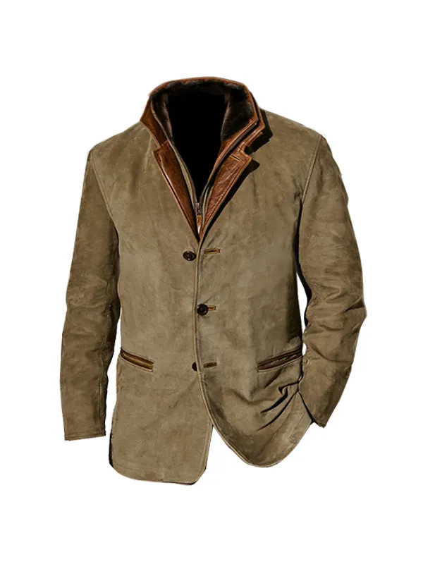 Plus Size Men Vintage Carlsbad Calfskin Leather Blazer With Merino Shearling Collar - Valiantlive.com 