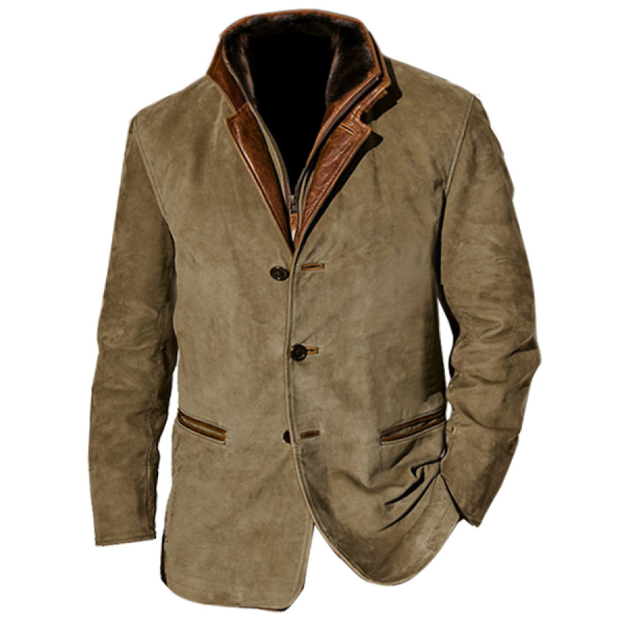 

Plus Size Men Vintage Fleece Suede Blazer Double Layer Lapel Fur Leather Collar Medium Length Coats