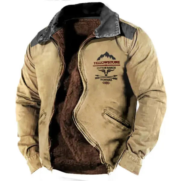Men's Plush Fleece Warm Lining Vintage Yellowstone Zipper Tactical Outdoor Jacket - Manlyhost.com 