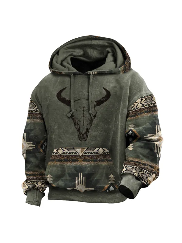 Men's Outdoor Casual Retro Western Ethnic Style Contrasting Print Pull-up Hooded Sweatshirt - Timetomy.com 