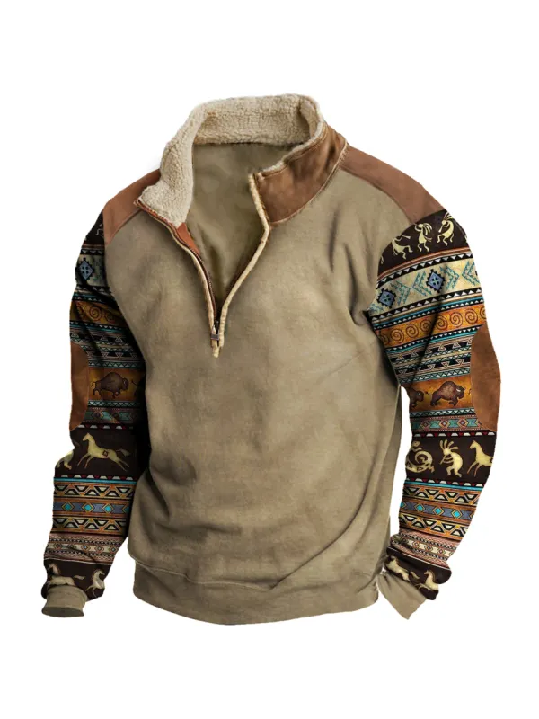 Men's Retro Ethnic Print Contrast Zipper Stand Collar Pullover - Valiantlive.com 