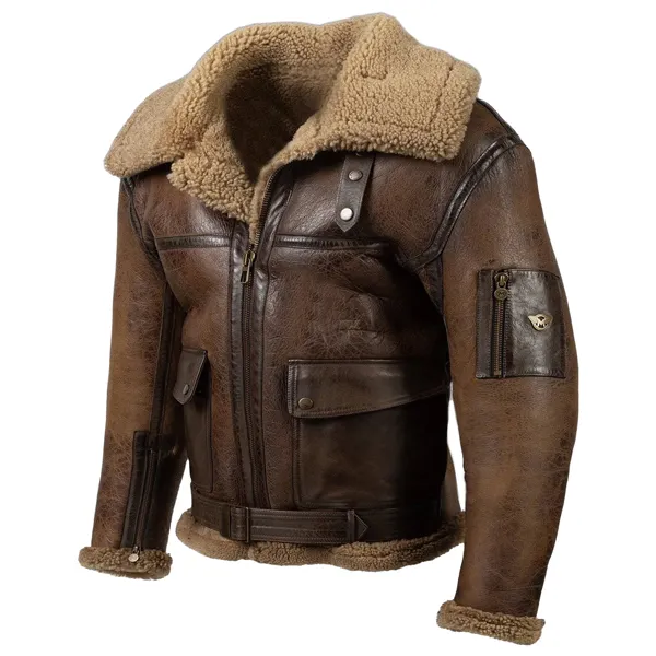 Men Vintage Distressed Real Fur RAF B3 Bomber Genuine Sheepskin Leather Jacket - Dozenlive.com 