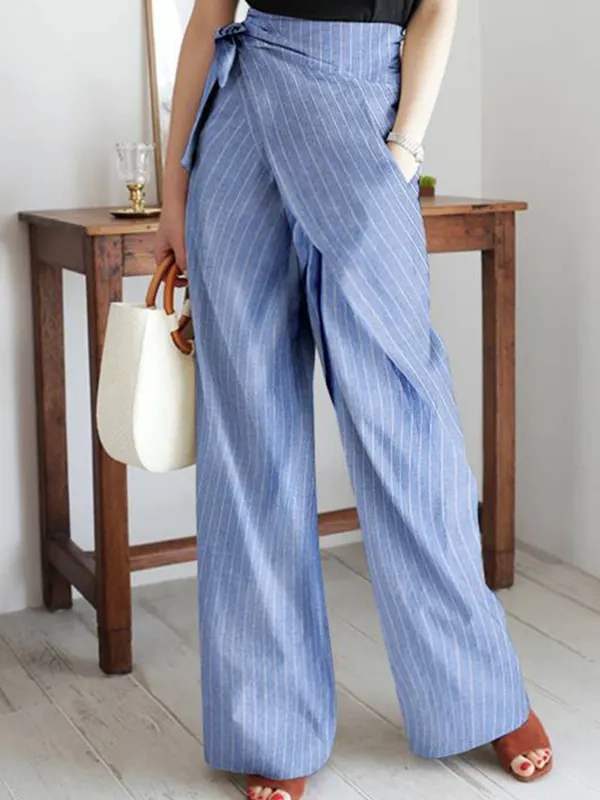Women's Retro Striped Lace-up Casual Trousers - Cominbuy.com 