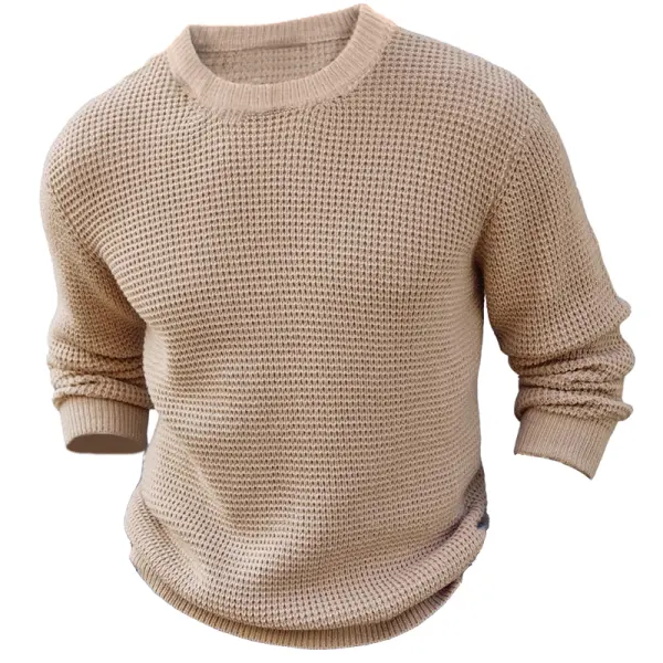 Mens Crewneck Thick Pullover Sweater Waffle Textured Long Sleeve Knitted Sweaters - Dozenlive.com 
