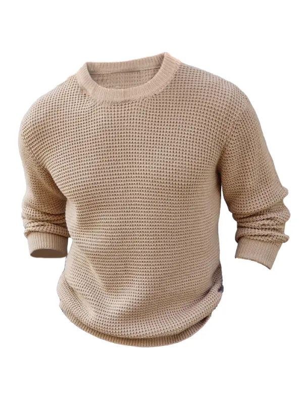 Mens Crewneck Thick Pullover Sweater Waffle Textured Long Sleeve Knitted Sweaters - Anrider.com 