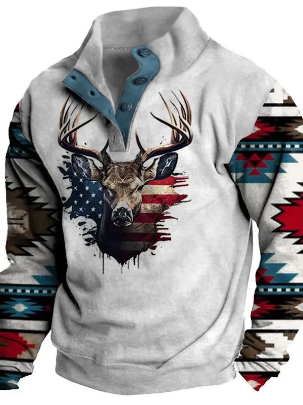 Men's Half Open Neck Sweatshirt Vintage American Deer Ethnic Print - Businesuniontrade.com 