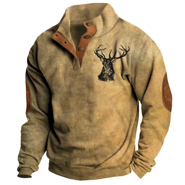 Men's Half Open Collar Sweatshirt Vintage Deer Print - Cotosen.com