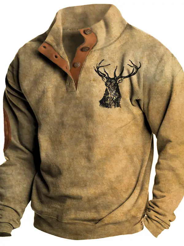 Men's Half Open Collar Sweatshirt Vintage Deer Print - Menbarn.com 