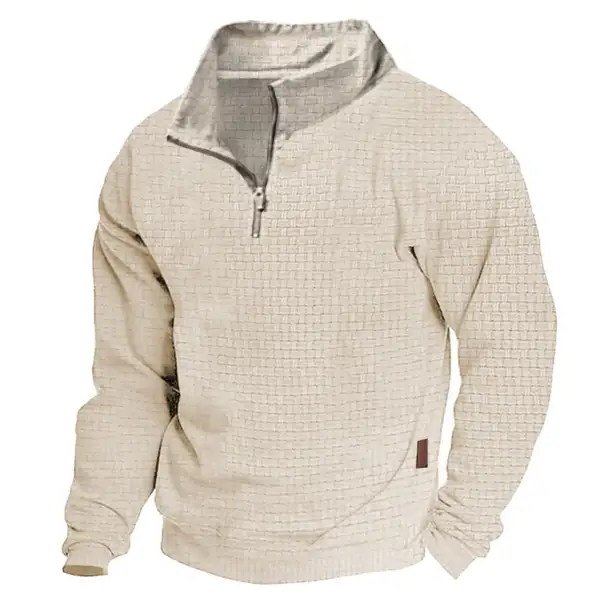 Men's Sweatshirt Quarter Zip Jacquard Plaid Stand Collar Vintage Daily Tops - Upgradecool.com 